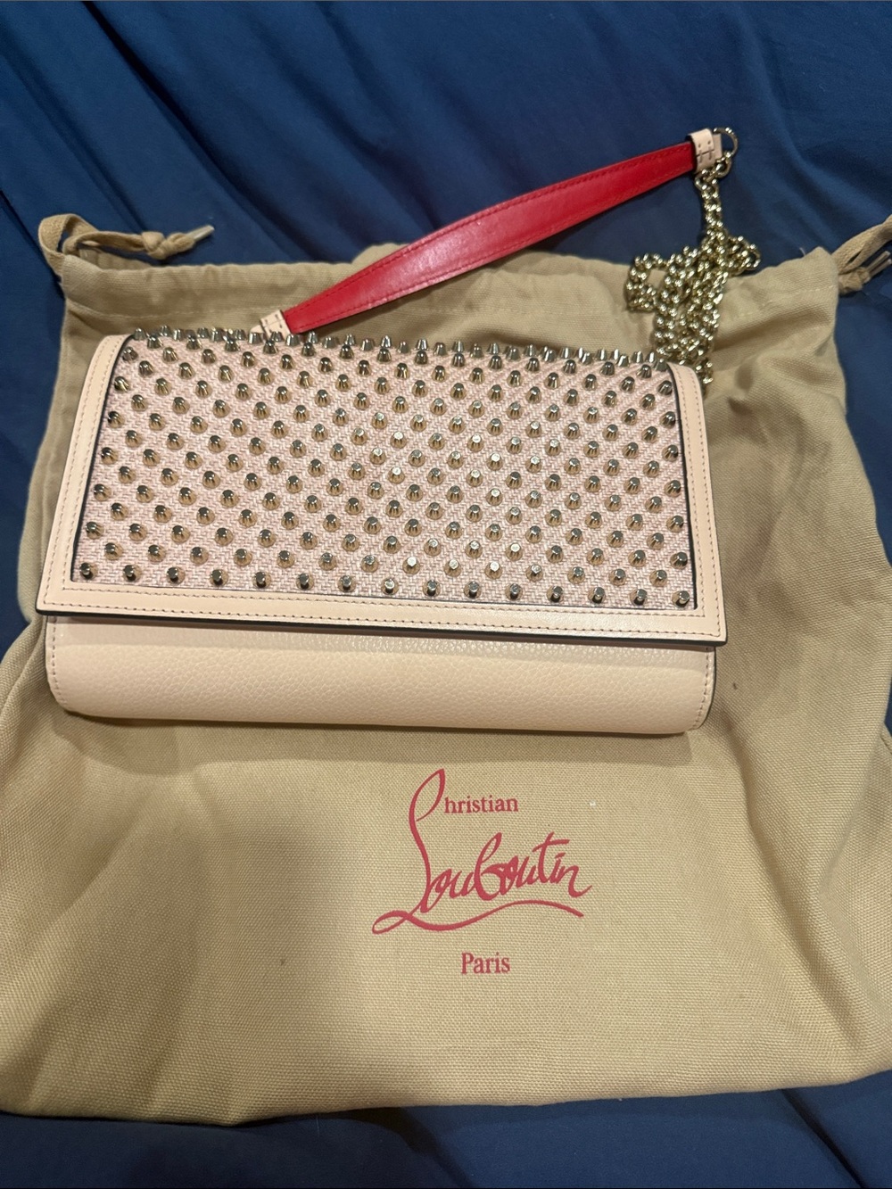Christian Louboutin Pale Pink Studded Crossbody Bag with Gold Chain